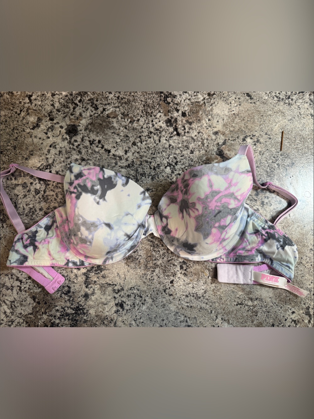PINK Victoria's Secret Pink, Gray & White Marble Print T-Shirt Bra